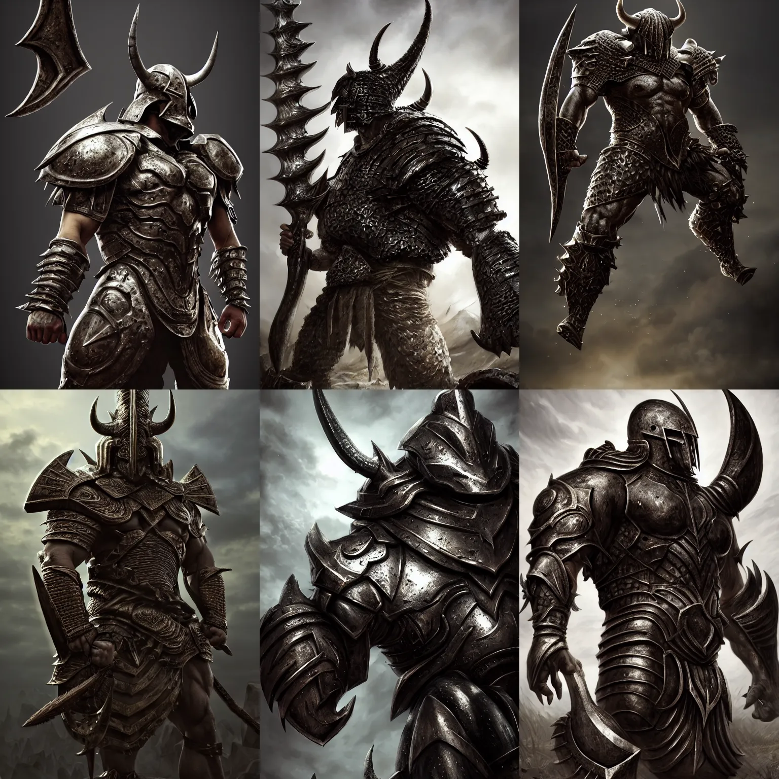 Prompt: sinister ultrarealistic massive giant iron gilgamesh barbarian fighting, horned metal helm bladed iron mantle black etched armor, bodybuilder body, bone wastes, fantasy character octane render, substance painter, cinematic lighting, volumetric lighting, wide angle, artstation, dnd art, cgsociety, sharp focus, digital painting by artgerm, gerald brom, wlop