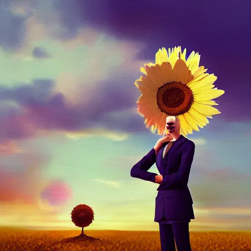 Image similar to giant daisy flower head, frontal, girl in a suit standing on street, surreal photography, sunrise, dramatic light, impressionist painting, digital painting, artstation, simon stalenhag