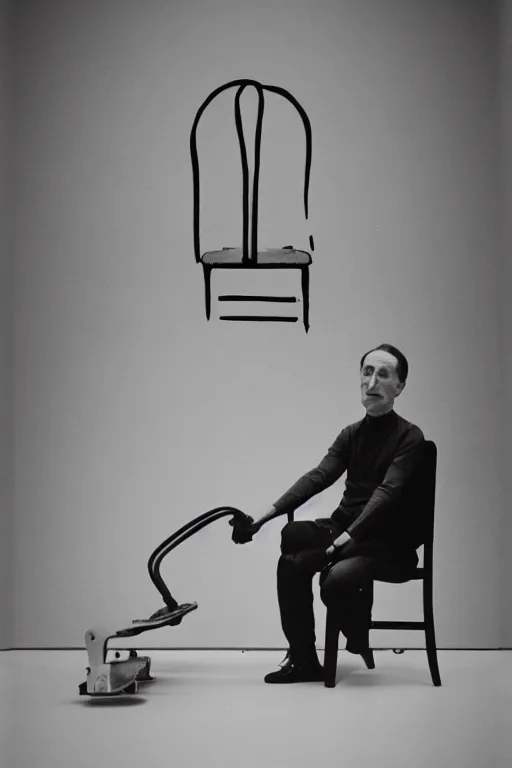 Image similar to a minimalist portrait of Marcel Duchamp connected to an ancient machine in the style of Annie Leibovitz, Irving Penn, Hito Steyerl, Shinya Tsukamoto, Saâdane Afif, Vermeer, David Shrigley, Pieter Hugo line drawing and 35mm film, wide angle, monochrome, futuristic tetsuo