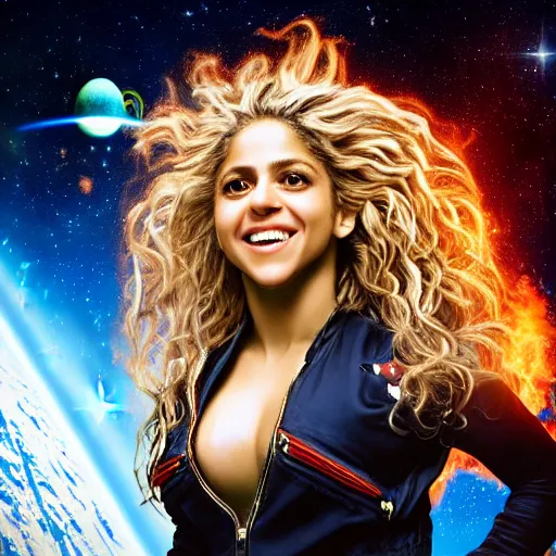 Image similar to of a closeup photo of shakira as a hero sci fi space cosmonaut holding a raygun in a nice action pose, there is an explosion on the background of a space station blowing hair and lighting her with a rim light, she is laughing,, f 2. 8, advertising studio lighting,