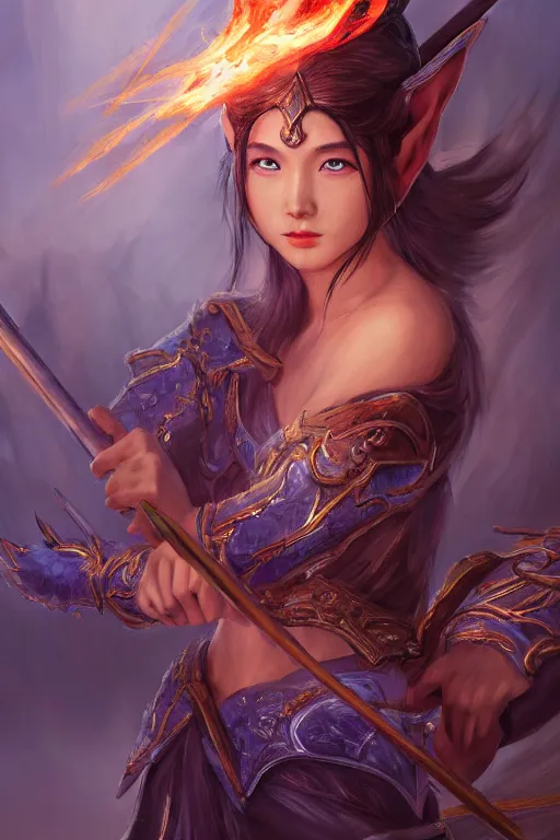 Image similar to a masterpiece portrait of nezha, young elf prince holding spear, flame everywhere, epic pose, fantasy character portrait, closeup shot, hyper detailed, digital painting, 8 k realistic, trending on artstation, sharp focus, dof, by fenghua zhong, artgerm, ne zha from smite, jeff easley, raymond swanland