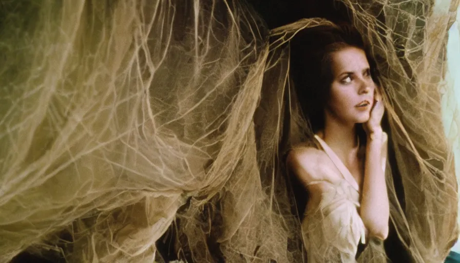 7 0 s movie still of a woman in a spider cocoon Stable Diffusion