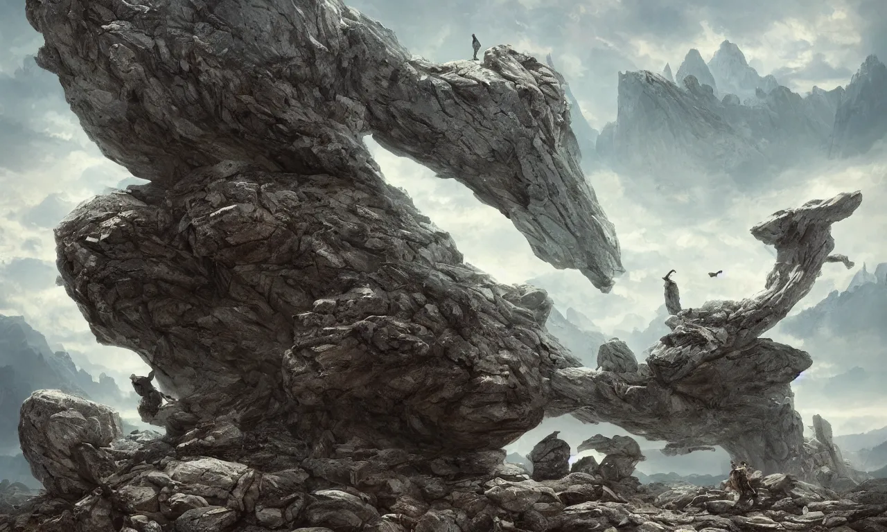 Image similar to creature made of rocks throwing rocks alpine valley. tooth wu, edward gorey, greg rutkowski, andreas achenbach, artgerm, mikko lagerstedt, zack snyder, tokujin yoshioka