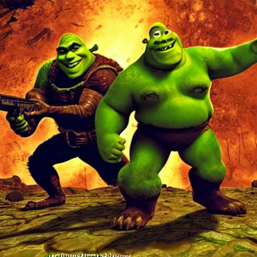 Prompt: Shrek and Doom Guy killing hordes or demons with heavy weapons in the depths of hell in the style of DOOM, game cover art, rip and tear