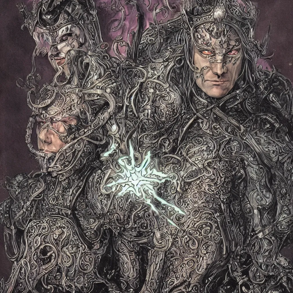 Image similar to A dramatic full color art nouveau bust portrait of Elric of Melnibone in black detailed armor, holding a rune-engraved black broadsword glowing with eldritch power, wearing an intricately hyperdetailed eyeball star chaos crown, by Travis Charest, P. Craig Russell, Michael Kaluta and Jia Ruan, fantasy, crisp lighting and edges, dark ambience, malevolent expression, determination, fear, confidence, accurate symmetrical facial details, aquiline facial features, medieval fantasy designs, white wolf