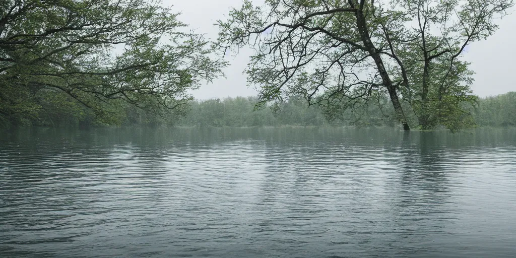 Image similar to a infinitely long rope zig - zagging across the surface of the water into the distance, floating submerged rope stretching out towards the center of the lake, a dark lake on a cloudy day, atmospheric, color film, trees in the background, hyper - detailed photo, anamorphic lens