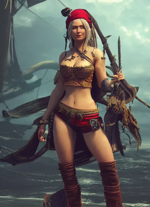 Prompt: detailed full body concept art of a beautiful female pirate, cinematic lighting, hyperdetailed, 8k, high resolution, insanely detailed and intricate, octane render