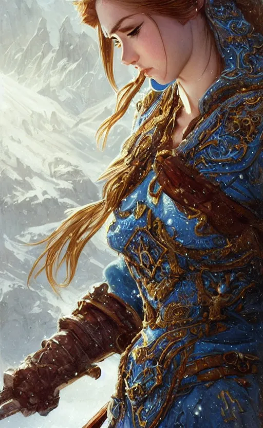 Image similar to azure viking warrior, regal, elegant, winter, snow, beautiful, stunning, hd, illustration, epic, d & d, fantasy, intricate, elegant, highly detailed, wide angle, digital painting, artstation, concept art, smooth, sharp focus, illustration, wallpaper, art by artgerm and greg rutkowski and alphonse mucha and jin xiaodi