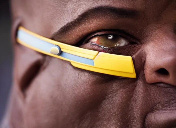 Image similar to Star Trek a hyper realistic ultra realistic photograph of Commander Geordi La Forge wearing his visor, highly detailed, 8k photograph