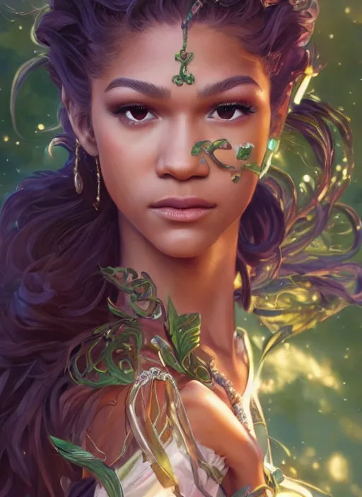 Image similar to beautiful young zendaya as tiana princess, closeup, d & d, fantasy, intricate, elegant, highly detailed, digital painting, artstation, concept art, matte, sharp focus, illustration, art by artgerm and greg rutkowski and alphonse mucha