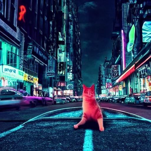 Image similar to neon city with a cat in the road cinematography