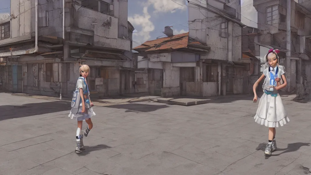 Image similar to cute schoolgirl walk in ghetto, in style of katsuya terada, hyper realism, octane render, 8 k, hyper detailed.