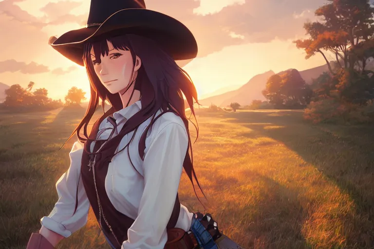 Image similar to western cowgirl, single subject, scenic full shot, ambient lighting, detailed face, by makoto shinkai, stanley artgerm lau, wlop, rossdraws