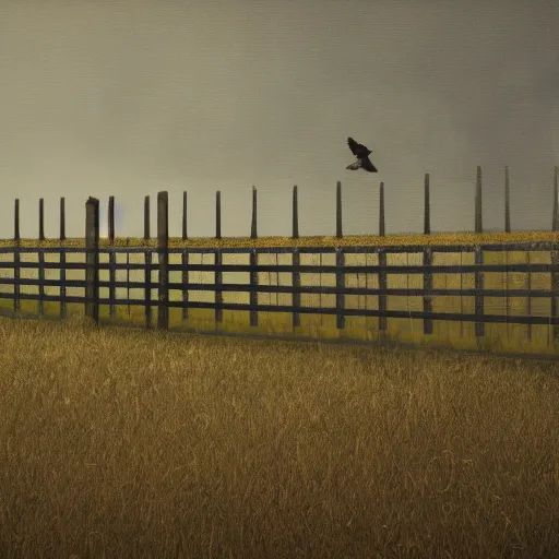 Prompt: an endless very tall fence, in a field, birds, dystopian, grim, dark, masterpiece oil painting, octane render, by barlowe, 4 k