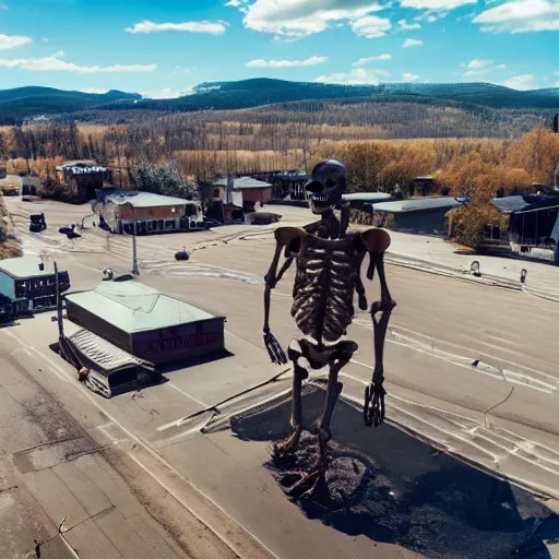 Image similar to a high resolution realistic photo of a giant skeleton standing in a small town, the photo was taken from a plane, ultra high detail, realistic.