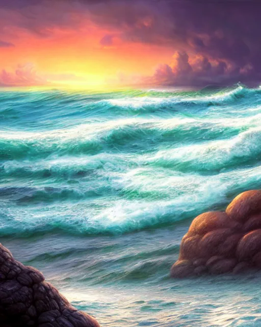 Image similar to sea with big waves crashing to shore and rocks, sunset, hyper realistic, artstation, illustration, nicoletta ceccoli, mark ryden, lostfish, dan decarlo, bob clampett, max fleischer, digital paint, matte paint, vivid colors, detailed and intricate environment