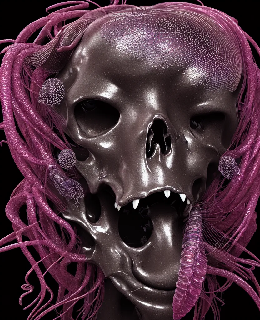 Image similar to fully black background. background hex 000000. goddess princess face close-up portrait ram skull. old metal bas relief. jellyfish phoenix head, nautilus, orchid, skull, betta fish, bioluminiscent creatures, intricate artwork by Tooth Wu and wlop and beeple. octane render, trending on artstation, greg rutkowski very coherent symmetrical artwork. cinematic, hyper realism, high detail, octane render, 8k