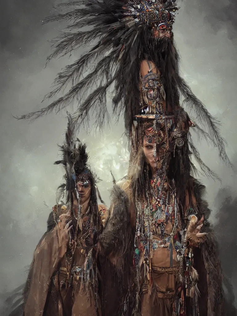 Image similar to A centered portrait of a wise and mystical shaman with a head dress made of feathers and beads with dark robes and trinkets of silver, by Greg Rutkowski, HD , trending on artstation
