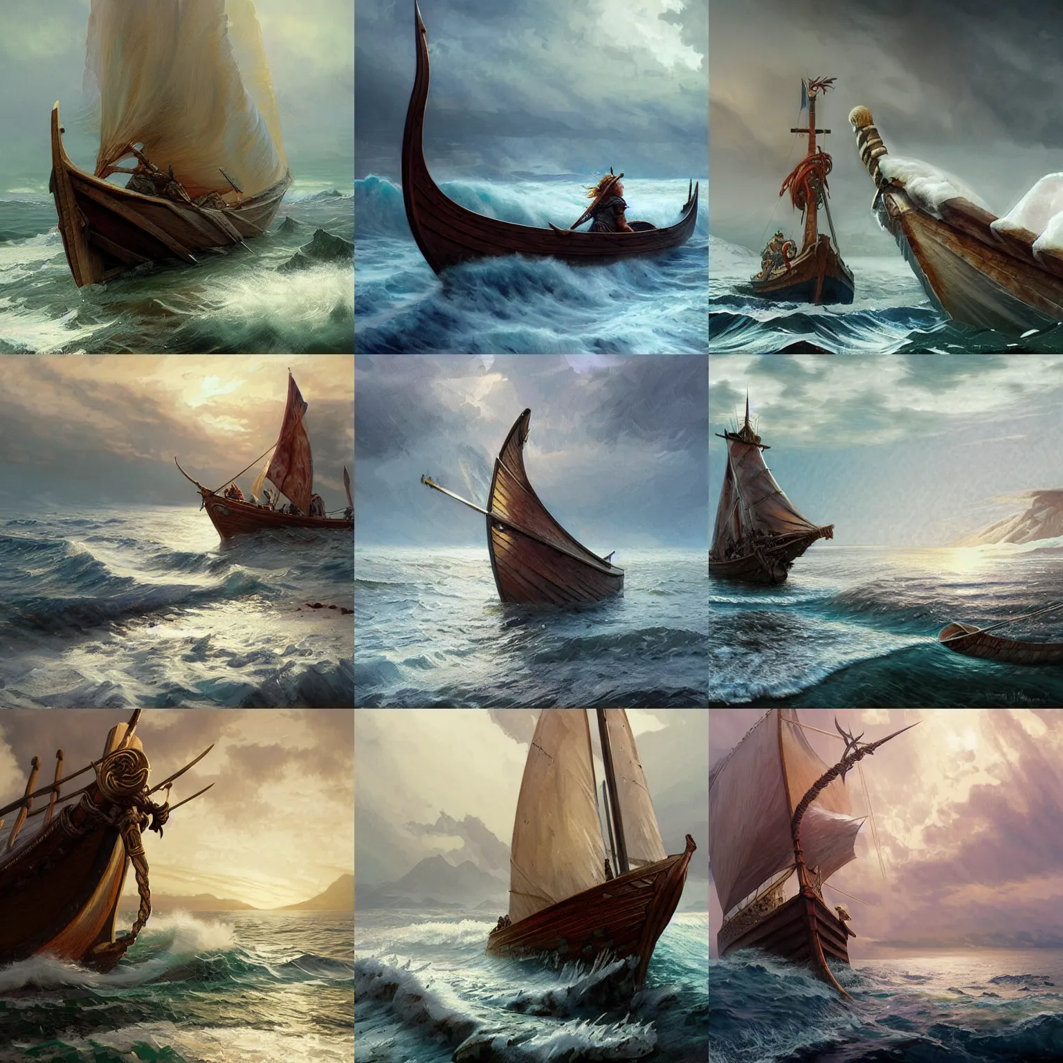 Prompt: viking longship, sea, ocean, cold, winter, highly detailed, digital painting, artstation, concept art, sharp focus, illustration, art by artgerm and greg rutkowski and alphonse mucha