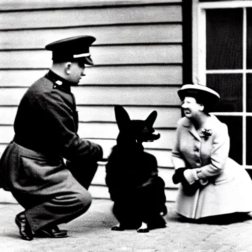 Prompt: ultra wide 1 9 4 6 blurry historical photo of a single german general kneeling to pet a corgi, a young queen elizabeth watches him, french village exterior, highly detailed, sharp focus