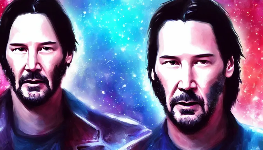 Image similar to Keanu reeves floating in space with extatic facial expression, digital art, artstation, artgem