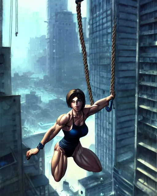 Prompt: gigachad jill valentine bodybuilder swinging from a building with a rope in racoon city, fantasy character portrait, ultra realistic, anime key visual, full body concept art, intricate details, highly detailed by greg rutkowski, ilya kuvshinov, gaston bussiere, craig mullins, simon bisley