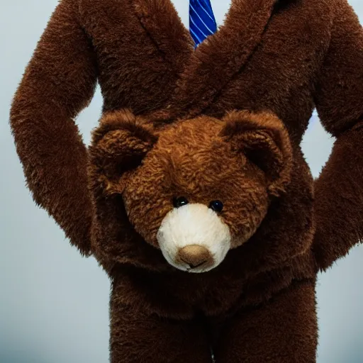 Image similar to a picture of a teddybear in a suit, inspirational, 4K, depth of field