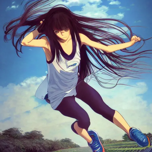 Prompt: a girl is running, sport clothing, anime style, long hair, hair down, symmetrical facial features, from yowamushi pedal, hyper realistic, octane, rule of thirds, extreme detail, detailed drawing, trending pixiv, realistic lighting, by alphonse mucha, greg rutkowski, sharp focus, backlit, high budget show, realistic anatomy