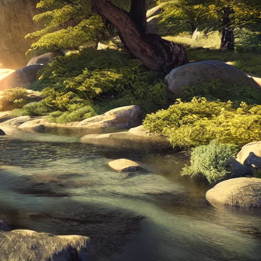 Image similar to a beautiful landscape, river, rocks, trees, volumetric lighting, octane render, nvidia raytracing demo