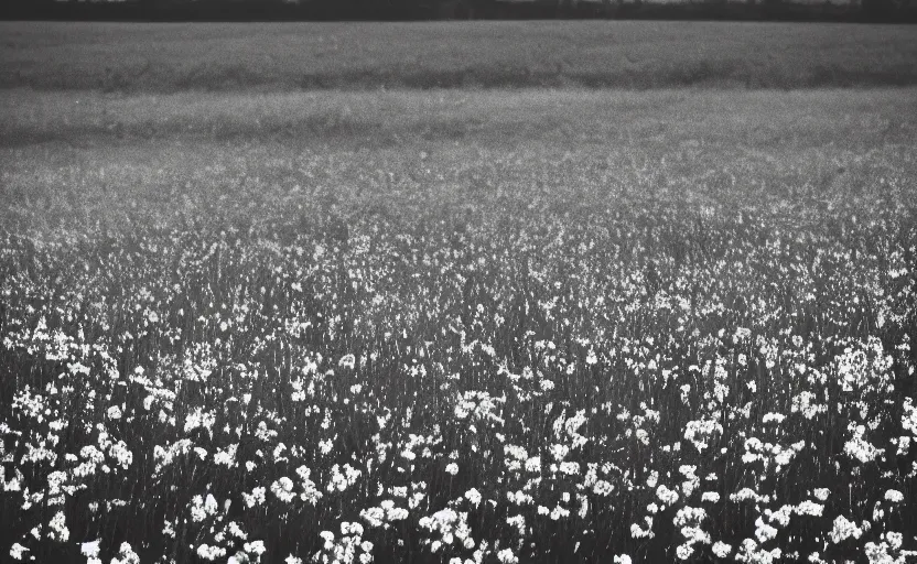 Prompt: black box on the field flowers, by Andrei Tarkovsky, mist, lomography photo effect, monochrome, 35 mm