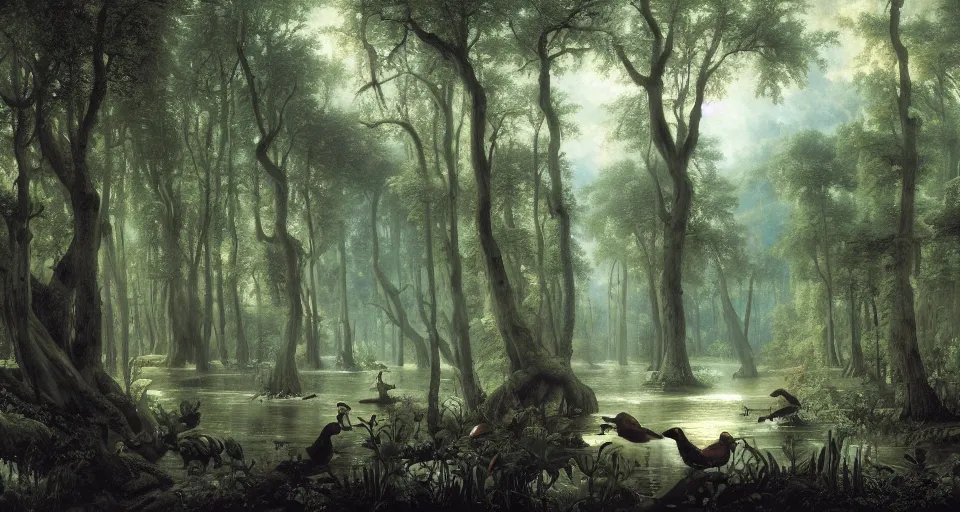 Image similar to A dense and dark enchanted forest with a swamp, by Guillaume Seignac