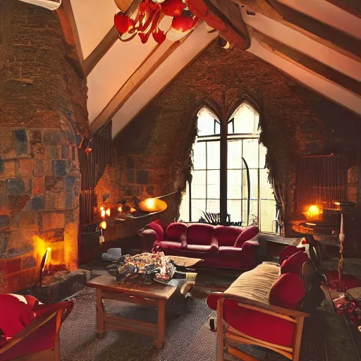 Image similar to A photograph of the Gryffindor common room, cozy arm chairs, a fire burning in the hearth, high ceilings, lit by many candles, light rays, magic aura, bloom, mysterious