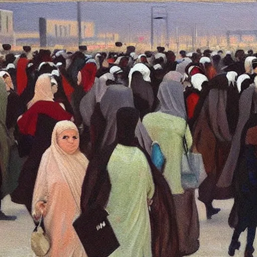 Image similar to painting of saudi commuters heading to the central business district of riyadh, painted by laurence stephen lowry, oil on canvas, national gallery