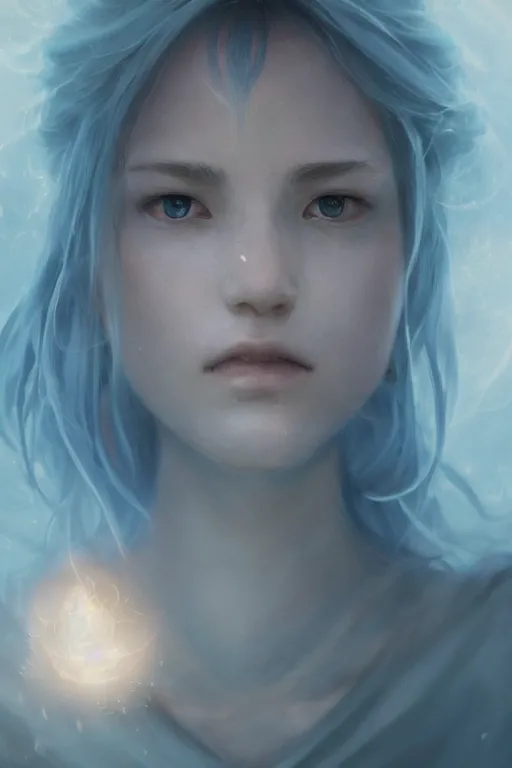 Image similar to a fancy portrait of a beautiful light mage enveloped in a light blue aura by Greg Rutkowski, Sung Choi, Mitchell Mohrhauser, Maciej Kuciara, Johnson Ting, Maxim Verehin, Peter Konig, final fantasy , mythical, 8k photorealistic, cinematic lighting, HD, high details, atmospheric,