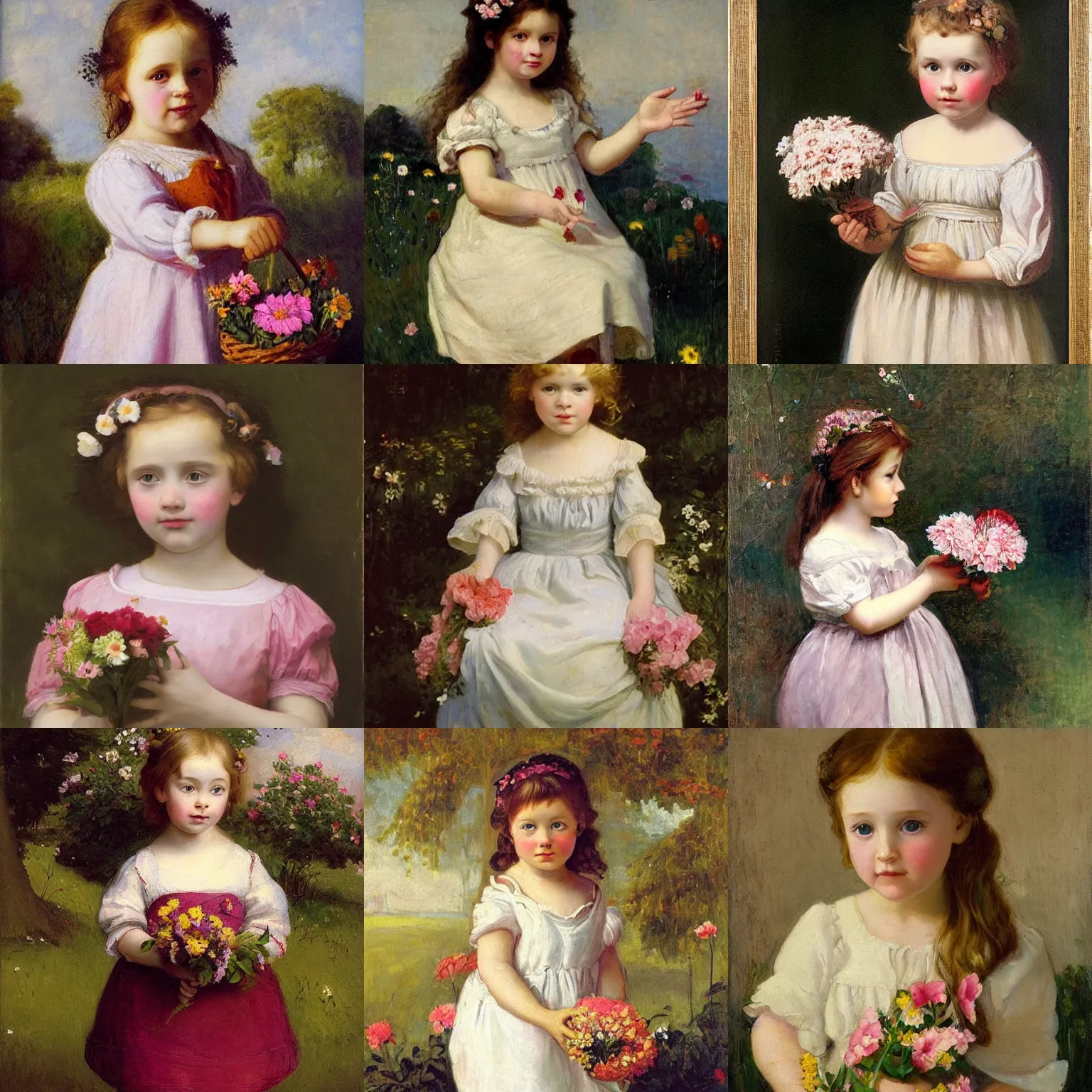 Prompt: A little beautiful girl with flowers in her hand, Anderson, Sophie