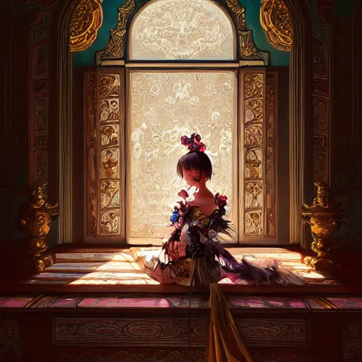 Prompt: beautiful girl in ornate clothing by ross tran, in a royal theatre, painted by sana takeda, reflections, very high intricate details, painting by liu xiaodong, digital anime art, medium shot, mid - shot, composition by ilya kuvshinov, backlit, lighting by greg rutkowski