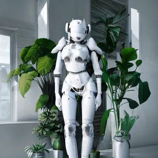 Image similar to 3 d doja cat wearing mecha armor and techwear clothing, in a room filled with beautiful house plants, futuristic, white, clean, bohemian, video game style, square enix style, beautiful colors, i robot colors, octane render, dynamic lighting, highly detailed, character art