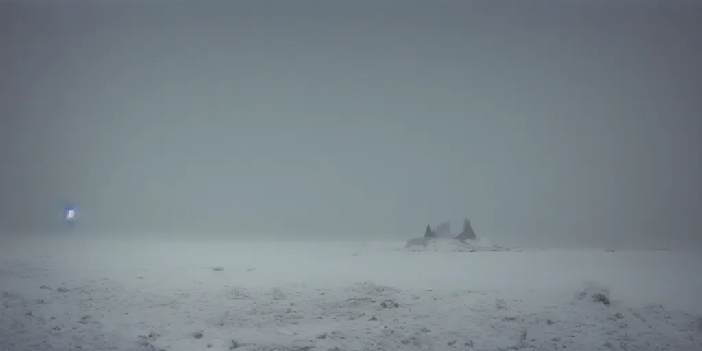 Prompt: photo of shiprock, new mexico during a snowstorm. a old man in a trench coat and a cane appears in the midground. cold color temperature. blue hour morning light, snow storm. hazy atmosphere. humidity haze. kodak ektachrome, greenish expired film, award winning, low contrast.