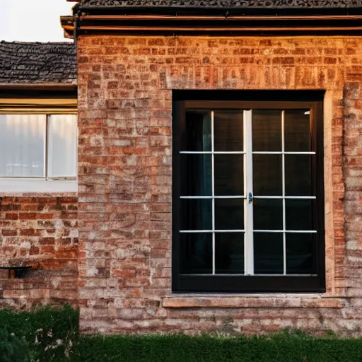 Image similar to a two floor house, exposed brick walls, large tinted window, black window frames, nice flowered distributed back yard with stonemasons, slate roof style, during sunset, nice house lighting