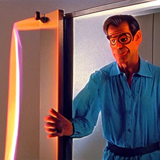 Image similar to Time traveler Sam Beckett from Quantum Leap in the middle of a leap, with his hologram friend Al Calavicci nearby in a glowing image chamber door