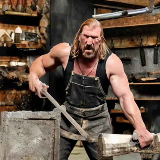 Prompt: triple h as blacksmith make his hammer