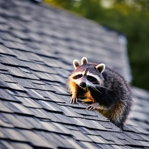 Prompt: raccoon on roof, morning light, backlit,