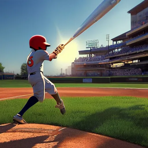 Image similar to a boy hitting a homerun in a baseball game on an idyllic beautiful summer day. Lens flare. Golden hour. Craig Mullins Makoto shinkai.