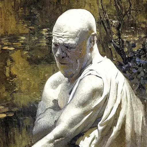 Image similar to medieval, old blind monk, contemplating a pond, character design, painting by gaston bussiere, craig mullins, j. c. leyendecker, tom of finland