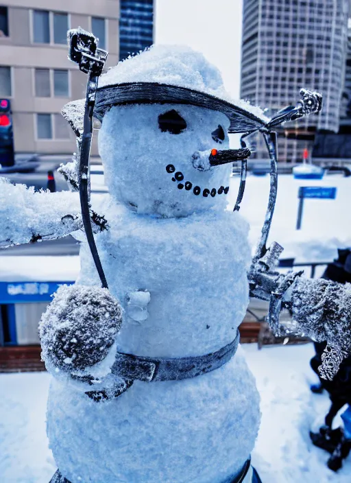 Image similar to photo of a cyber snowman, cyberpunk, made of snow and metal, interesting angle, sharp focus, 8 k high definition, insanely detailed, intricate, intelligent, art by kazuya takahashi, fenghua zhong, sangsoo jeong, kevin hou