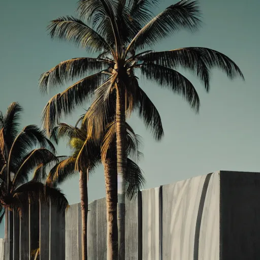 Image similar to noisy color photograph of a concrete underground retrofuturist liminal space, sky made of concrete, staggered terraces, centered palm tree growing out of concrete, hidden area, unknown space, minimalist, cinematic, soft vintage glow