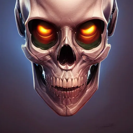 Image similar to perfectly - centered - portrait - photograph of sinister robot skull, super highly detailed, professional digital painting, artstation, concept art, smooth, sharp focus, no blur, no dof, extreme illustration, unreal engine 5, 8 k, art by artgerm and greg rutkowski and alphonse mucha loish and wlop