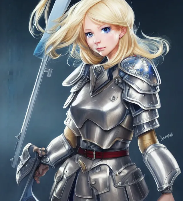 Image similar to character concept art of a cute german woman with blond hair and blue eyes, wearing plastic armor. lovely - fine - face, pretty face, key visual, realistic shaded perfect face, fine details by stanley artgerm lau, wlop, rossdraws, james jean, andrei riabovitchev, marc simonetti, sakimichan, trending on artstation