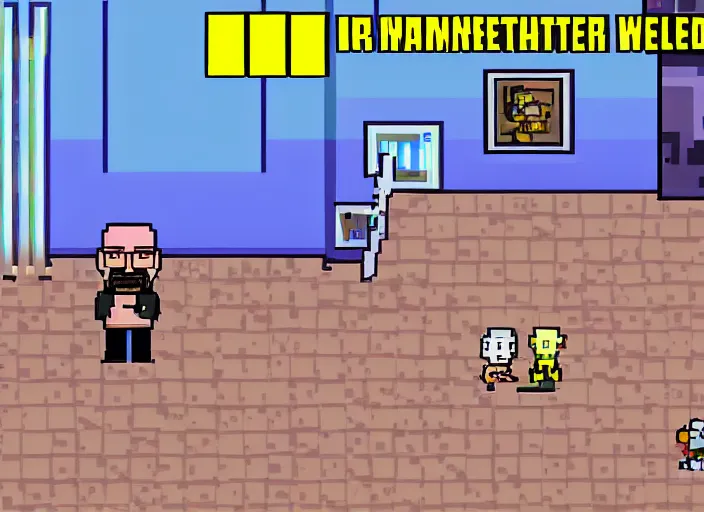 Image similar to walter white in undertale, videogame screenshot, very pixelated, distant shot