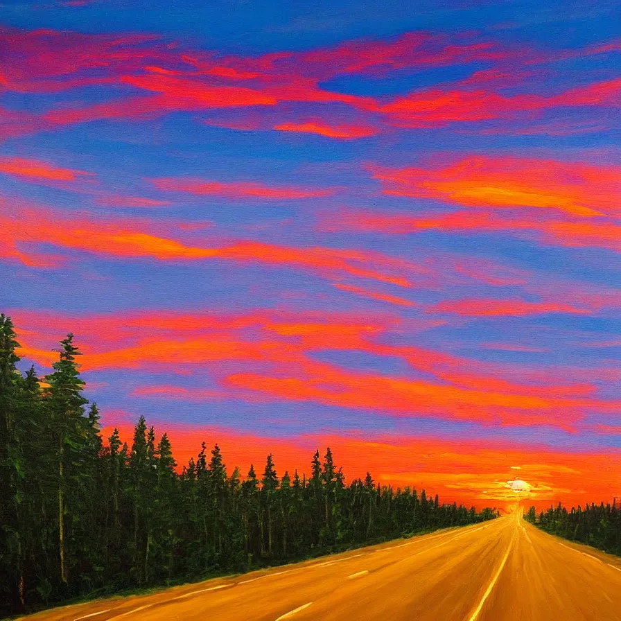 Image similar to intricate painting of a highway road leading to the horizon through a thick forest down a rocky mountain coast, the sunset is a pulsating heart of light. atmospheric good vibes
